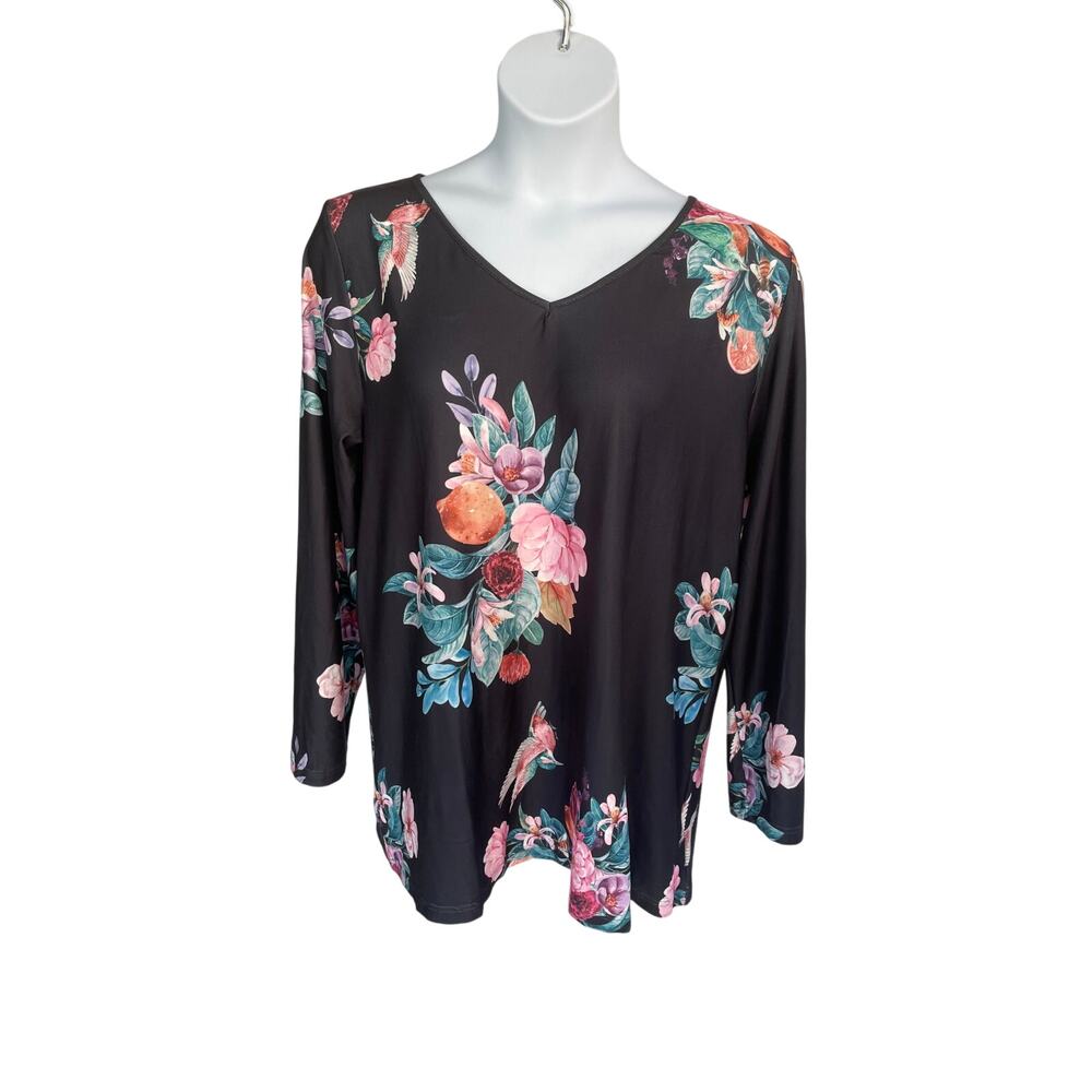 SAKURAFINA, PLUS SIZE 1X, BLACK FLORAL TUNIC, LONG SLEEVE